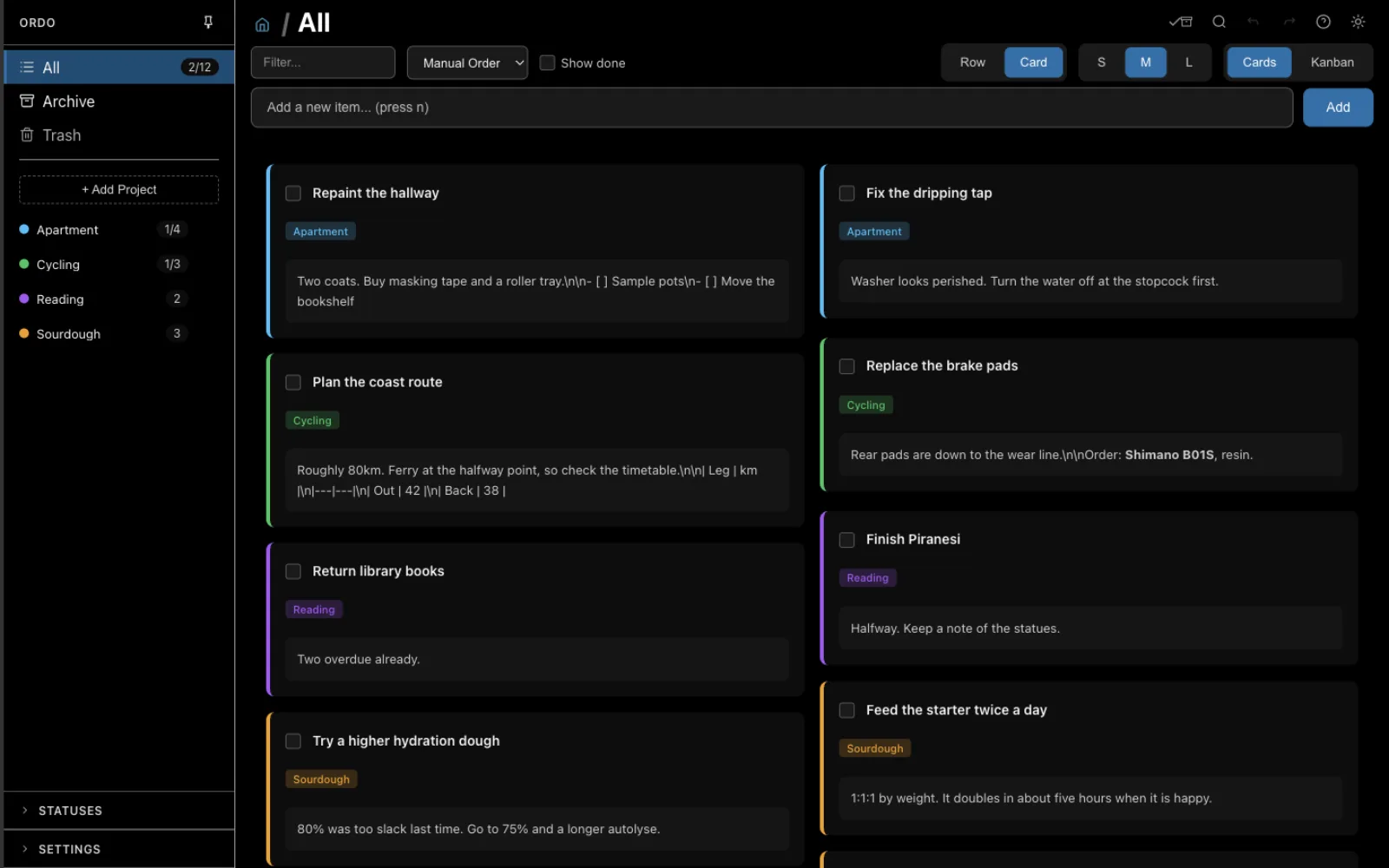 Ordo cards view, showing tasks grouped by project with markdown notes