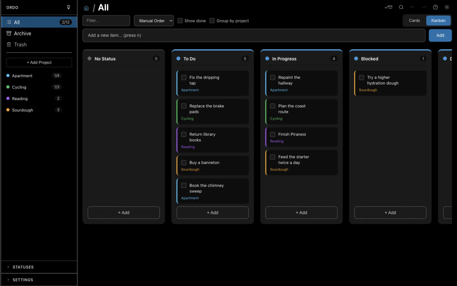 Ordo kanban board, with columns for each status