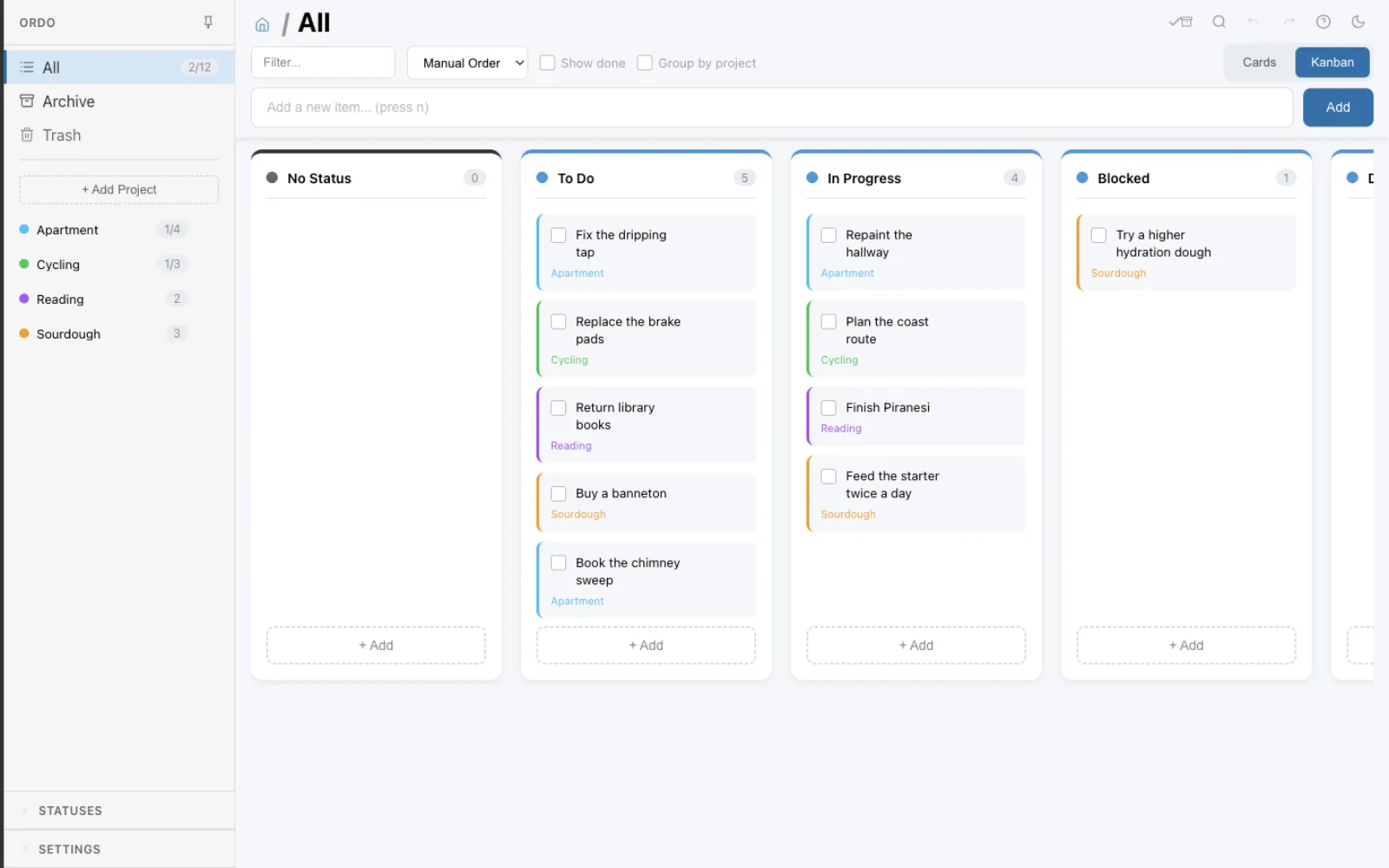 Ordo kanban board, with columns for each status